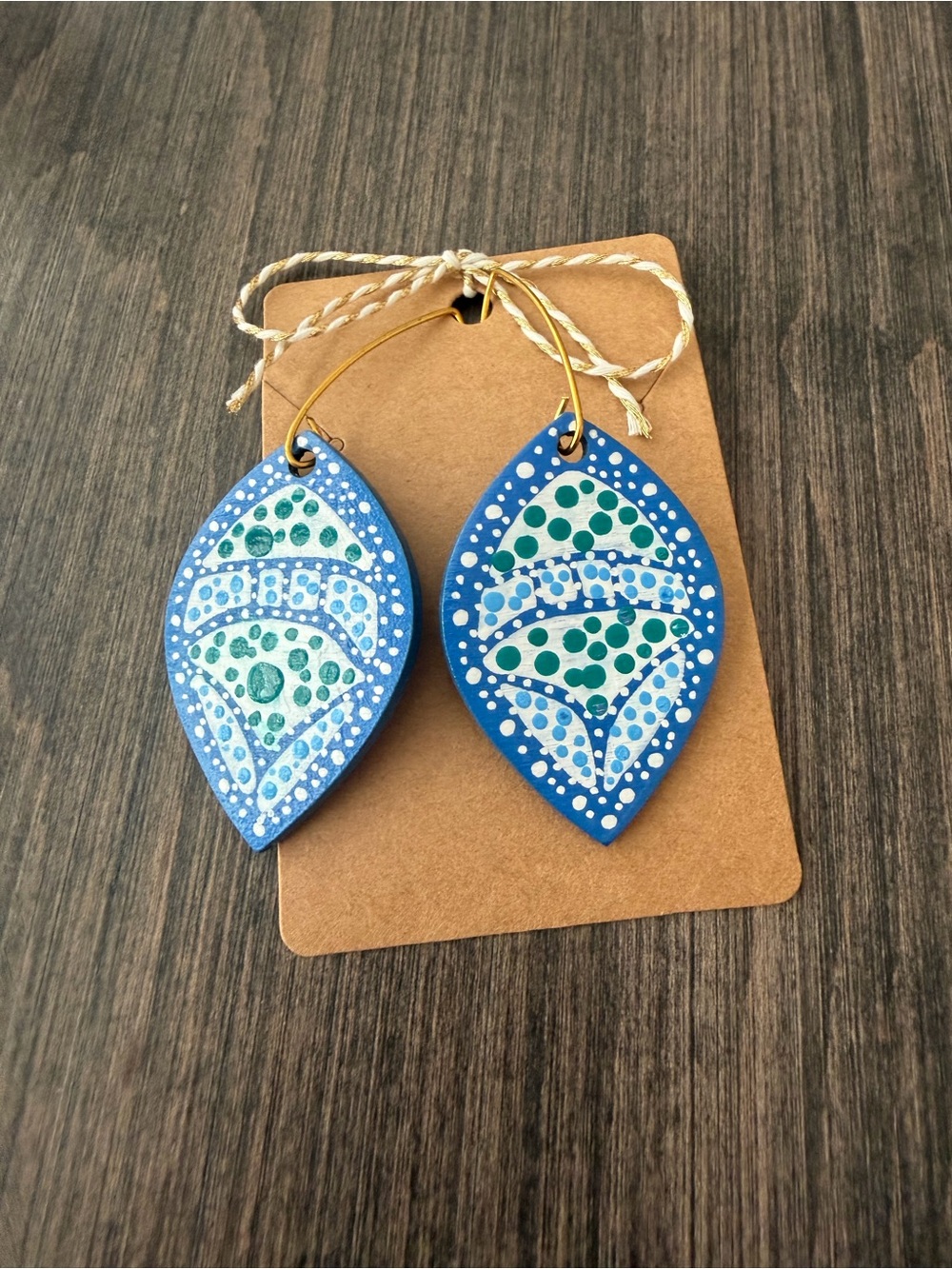 Blue and Green Hand-Painted Leaf Drop Earrings NWOT